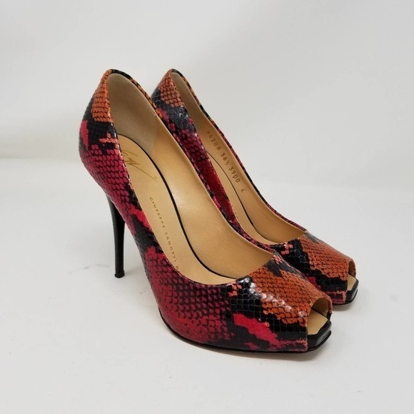 Giuseppe Zanotti Snake Peep Toe Stiletto High Heel Pump Shoes Black Pink Sz 6.5 - Picture 1 of 8